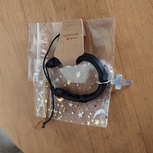 Macrame Black Leather Unisex Bracelet With Crystal Glass Cross Charm.